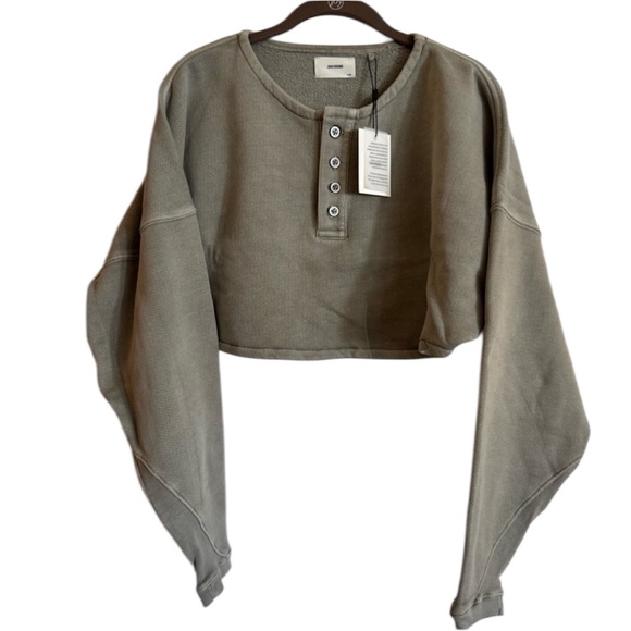 NWT Joah Brown Henley Crop Sweatshirt Vetiver Green S/M - Picture 8 of 10